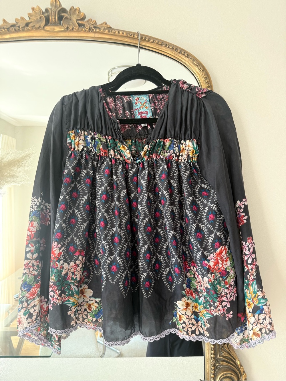 Johnny Was 100% Silk Navy Floral Blouse